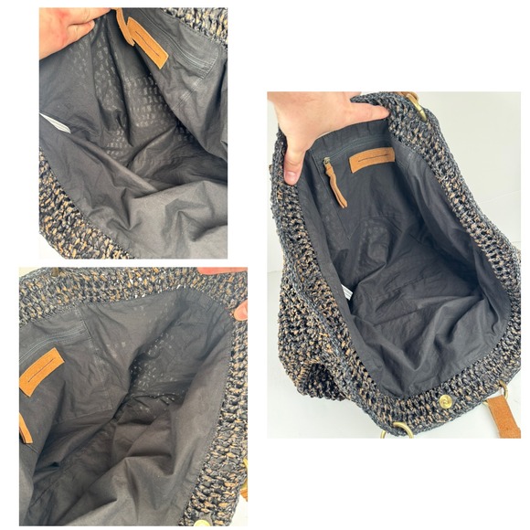 Free‎ People Getaway Tote Bag Purse Large Woven Braided Raffia Black Tan Casual - Picture 7 of 7